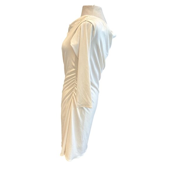 Abercrombie & Fitch Cream Drape Bodycon Mini Dress XL | Elegant Long Sleeve Ruch - Picture 4 of 11